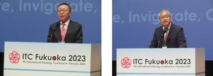 開会の挨拶をする杉村実行委員長（左）と梅原会長（右）-ITC Fukuoka 2023